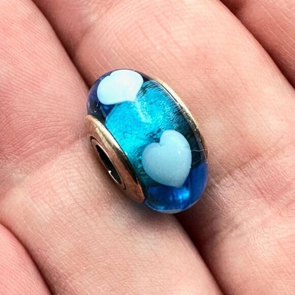 Pandora White Heart Blue Murano Glass Charm 925 ALE Sterling Silver - Picture 1 of 3